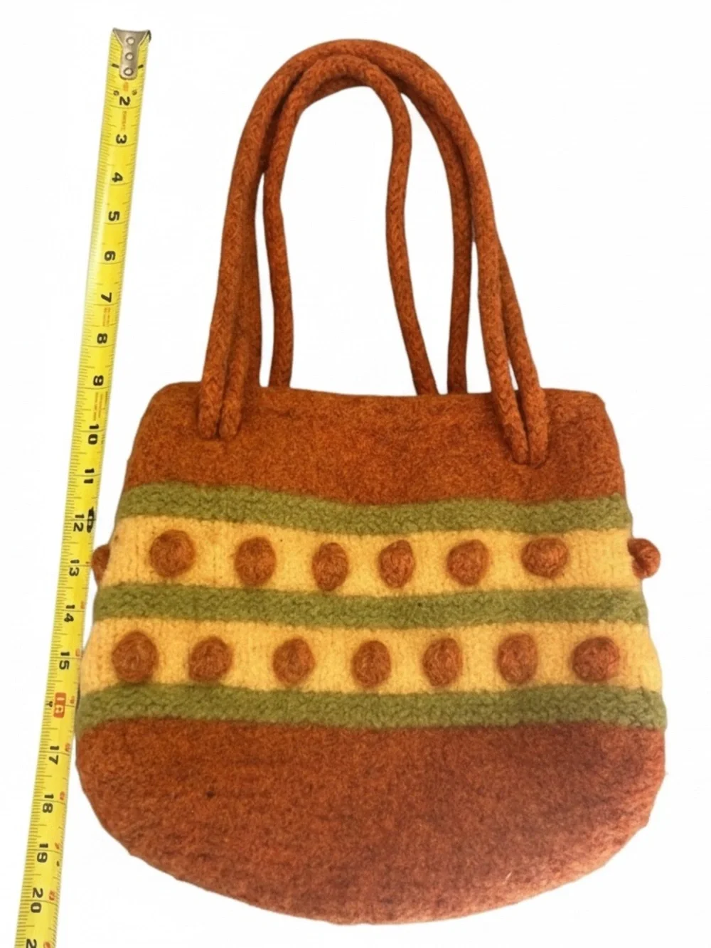 Artisan Orange Felt Tote with Green and Cream Stripes